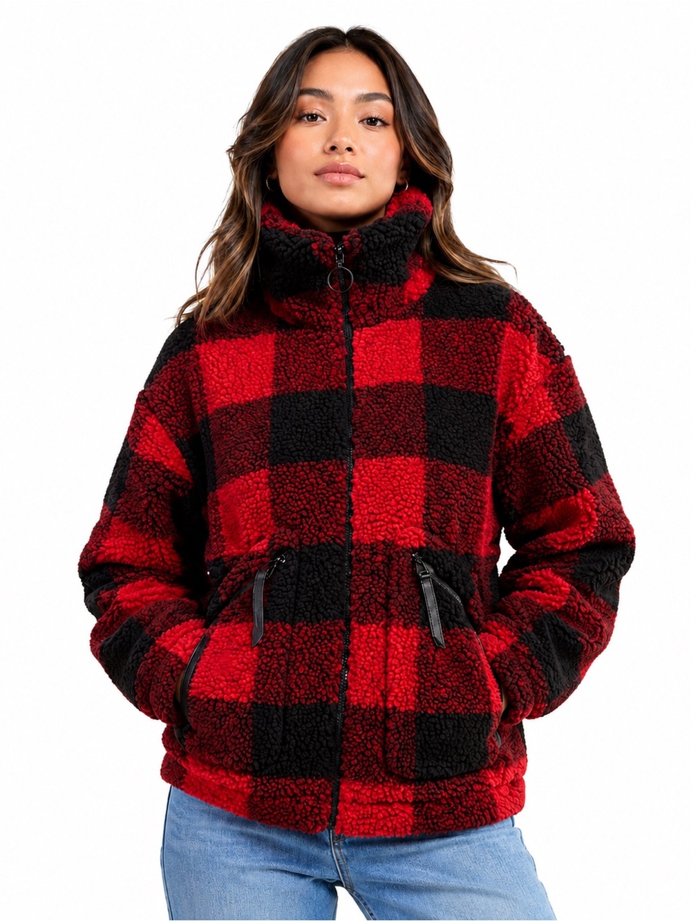 Roots Buffalo Plaid Sherpa Jacket Red Black Oversized Full Zip Size L